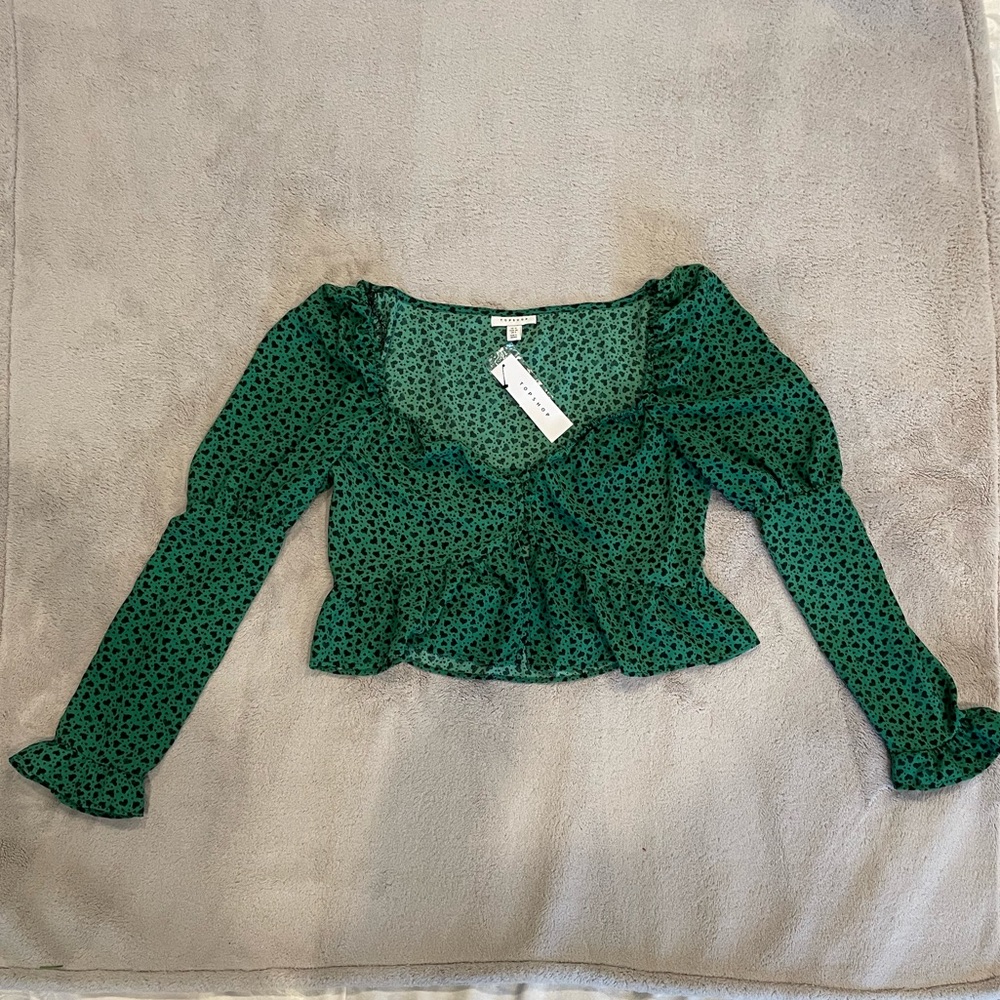 Flowy Green Hearted Cropped Long Sleeve Blouse